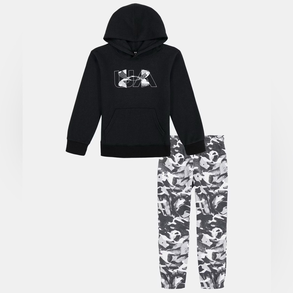 NEW Little Boy Under Armour Rival Black Camo Hoodie and Joggers Pants Set